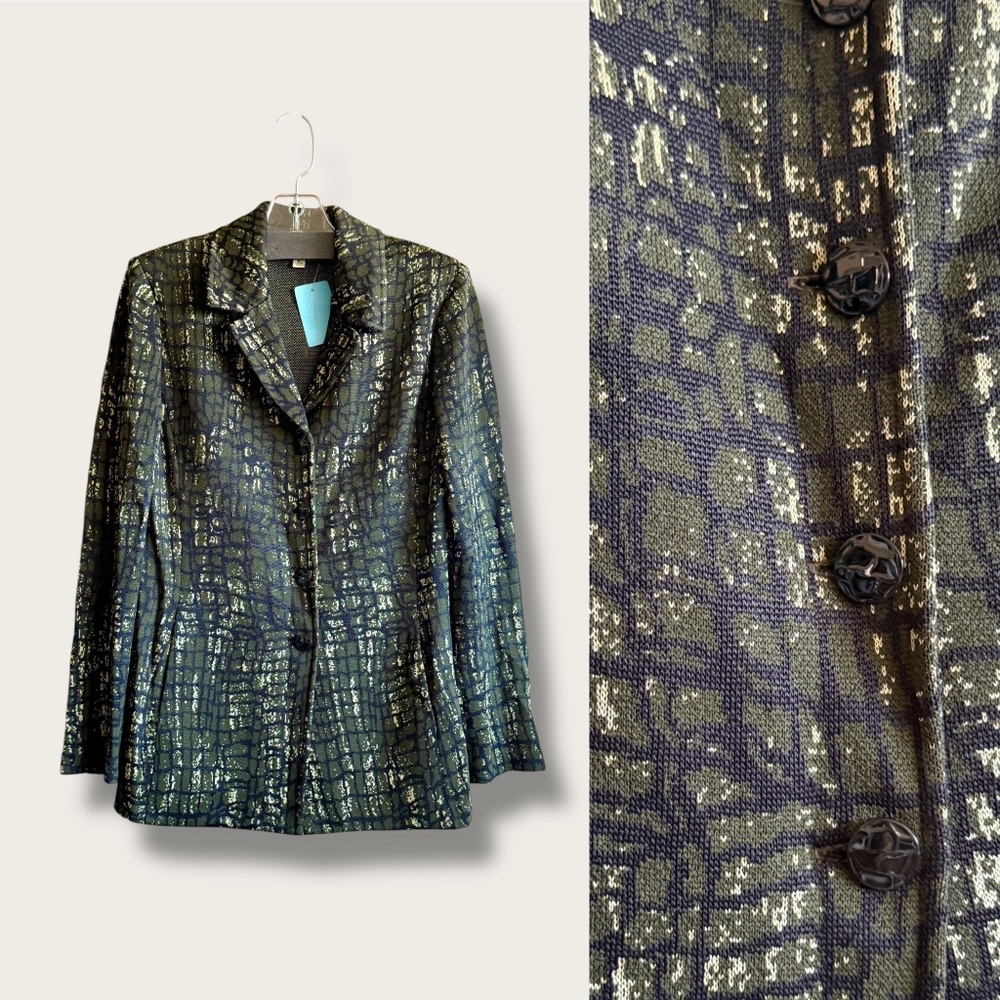 ST. JOHN Fall 2008 Collection Black Olive Green Reptile Print Midi Jacket Size 8